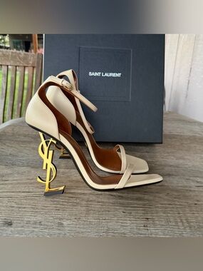 Saint Laurent Opyum YSL Heels Size 37.5 Cream Leather Gold Logo Box Dust Bags